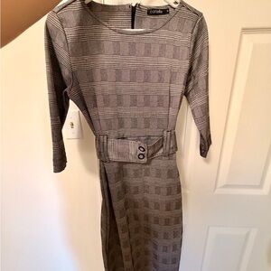 Corelle Black and Gray Plaid Belted Midi Dress